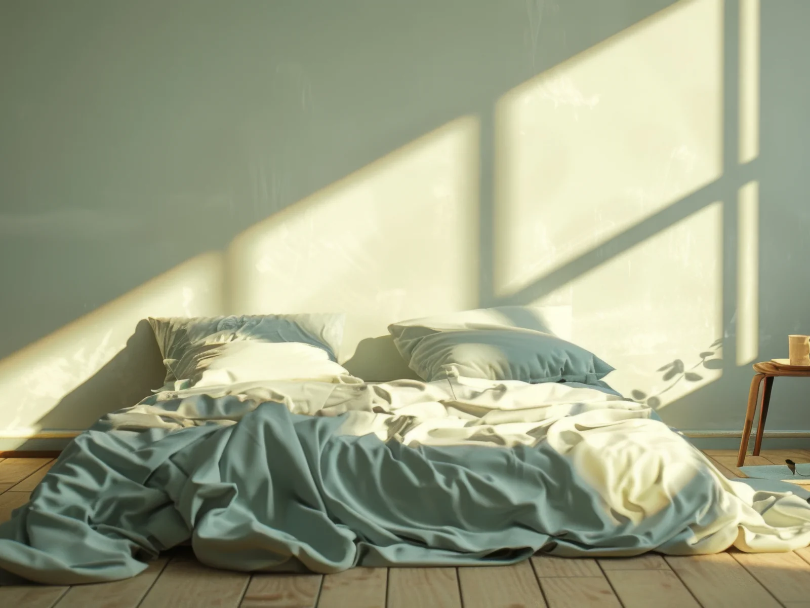 Een net verlaten bed in een rustige kamer, met ochtendzon op de muur.